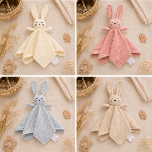 Doudou Lapin brodé en gaze de coton