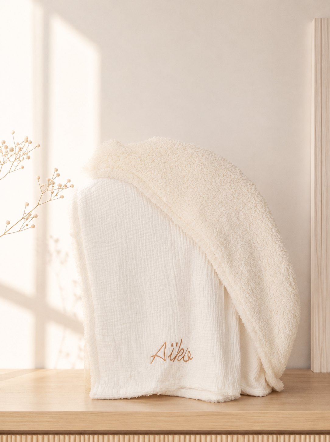 Couverture bébé personnalisable en gaze de coton et moumoute
