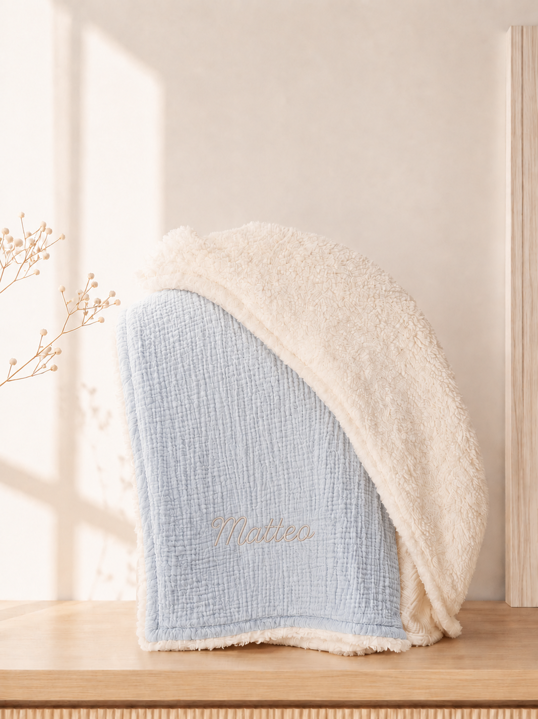 Couverture bébé personnalisable en gaze de coton et moumoute